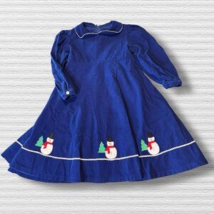 Beth Terrell by Johnston Blue Corduroy Snowman Applique Dress Size 4